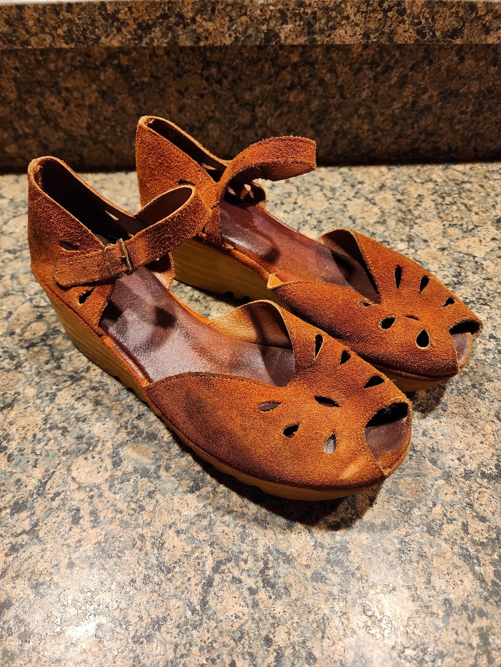 Vintage Suede Peep-Toe Wedge Sandals